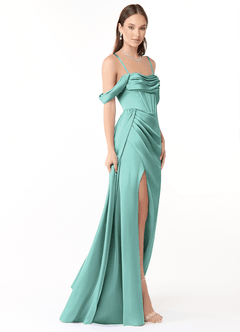 Azazie Amyra Vestidos de damas de honor Vestido de Aqua de Satén Elástico de Corte Recto Convertible con Vestidos sin tirantes image6