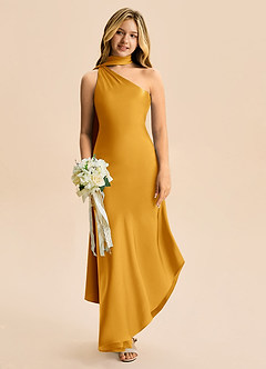 Azazie Briony Junior Butterscotch Sheath Pleated Stretch Satin Dress image1