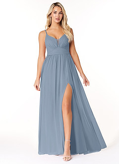Azazie Rayna Brautjungfernkleider A-Linie V-Hals Gefaltet Chiffon Kleid Staubblau image1
