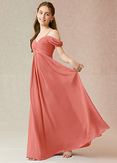 Azazie Kaitlynn Junior Salmon Pink A-Line Off the Shoulder Chiffon Dress image3