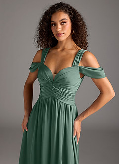 Azazie Lianne Bridesmaid Dresses Eucalyptus A-Line Off the Shoulder Stretch Satin Dress image3
