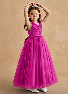 Azazie Cinna Flower Girl Dresses Fuchsia A-Line Lace Tulle Dress image3