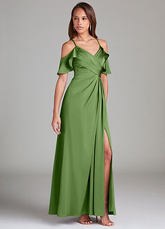 Azazie Dakota Bridesmaid Dresses Basil A-Line Off the Shoulder Stretch Satin Dress image1