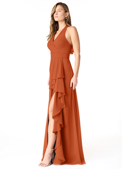 Azazie Aviv Robes de demoiselle d'honneur Robe Trapèze en Mousseline de soie Plissée Orange Brûlée image3