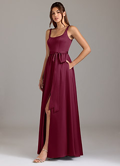 Azazie Elliott Bridesmaid Dresses Mulberry A-Line with Pockets Stretch Satin Dress image4
