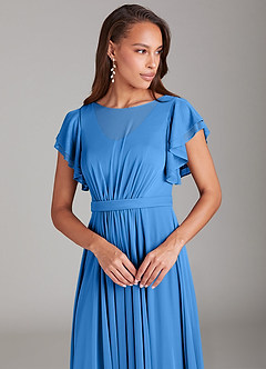 Azazie Daphne Modest Bridesmaid Dresses A-Line Ruched Mesh Floor-Length Dress image4