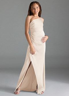Azazie Eren Junior Vestido de Alabastro Blanco de Satén Elástico de Recto con Plisado image3