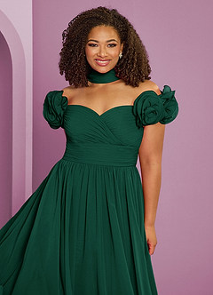Barbie ♥ Azazie Robes de demoiselle d'honneur Robe Trapèze Convertible en Mousseline de soie Épaule décolletée émeraude image11