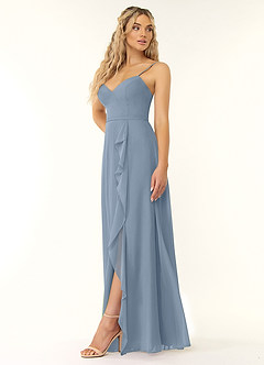 Azazie Naeem Brautjungfernkleider A-Linie V-Hals Rüsche Chiffon Kleid Staubblau image1