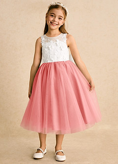 Azazie Lina Flower Girl Dresses Ivory Coral Ball-Gown Lace Dress image5