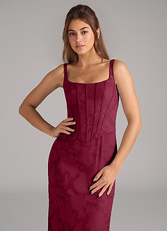 Azazie Kenna At-home Try On Dresses Burgundy Sheath Side Slit Floral Burnout Dress image6