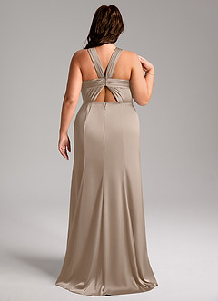 Azazie Rue Bridesmaid Dresses Taupe Mermaid Pleated Stretch Satin Dress image9