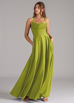 Azazie Shaude Bridesmaid Dresses Lemongrass A-Line Pleated Stretch Satin Dress image3
