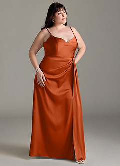 Azazie Brielle Jurken voor bruidsmeisjes Jurk van Stretch Satijn met A-Lijn Kap spaghettibandjes Verbrande Sinaasappel image9