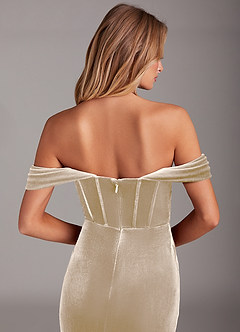 Azazie Jas Bridesmaid Dresses Champagne Sheath Off-The-Shoulder Corset Velvet Convertible Dress image7