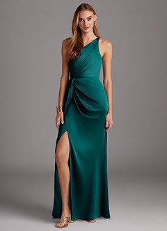 Azazie Mika Bridesmaid Dresses Peacock Sheath One Shoulder Stretch Satin Dress image3