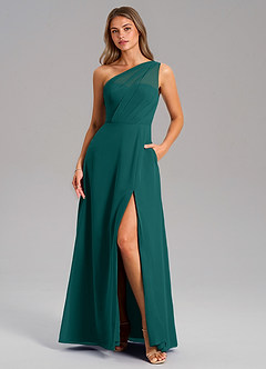 Azazie Phaedra Bridesmaid Dresses Peacock A-Line One Shoulder Chiffon Dress image3