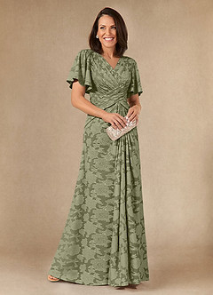 Azazie Emmeline Mother of the Bride Dresses Pistachio A-Line Pleated Floral Burnout Dress image1