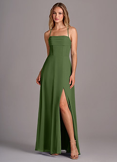 Azazie Carolyn Bridesmaid Dresses Olive A-Line Pleated Chiffon Dress image1
