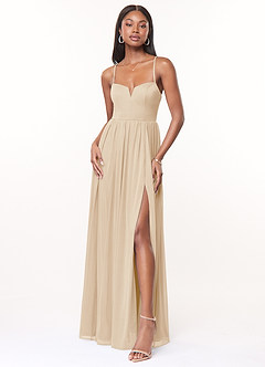 Azazie Marsol Bridesmaid Dresses Champagne A-Line Corset Mesh Dress image1