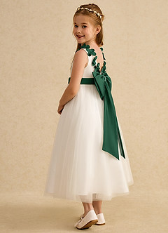 Azazie Lilli Blumenmädchenkleider A-Linie Schleifen Tüll Kleid Elfenbein Dunkelgrün image3