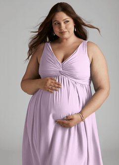 Azazie Yetta Maternity Bridesmaid Dresses A-Line V-Neck Gathered Chiffon Floor-Length Dress image8