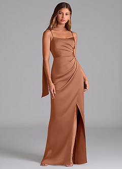 Azazie Calandra Bridesmaid Dresses Bronzer A-Line Pleated Stretch Satin Dress image3