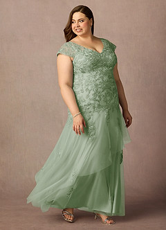 Azazie Romy Mother of the Bride Dresses Dusty Sage Mermaid V-Neck Sequins Tulle Dress image10