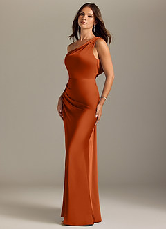 Azazie Madelyn Bridesmaid Dresses Burnt Orange Mermaid Off the Shoulder Stretch Satin Convertible Dress image3