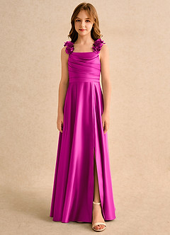 Azazie Rosita Girls Formal Robe Demoiselle D'honneur Fillette Robe Trapèze en Mat Satiné Plissée Fuchsia image3