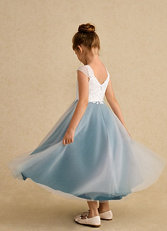Azazie Momo Flower Girl Dresses Ivory Ink Blue A-Line Lace Dress image4