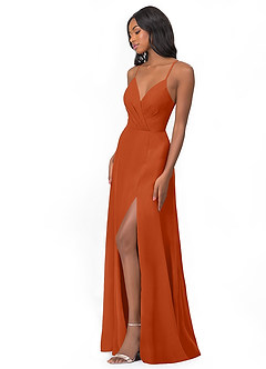 Azazie Everleigh Abiti da Damigella Abito A-Line in Chiffon con Scollo a Cuore a Pieghe Arancia Bruciata image4
