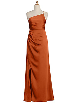 Azazie Eren Junior Vestido de Naranja Quemada de Satén Elástico de Recto con Plisado image6