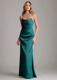 Azazie Lucille Robes de demoiselle d'honneur Robe Sirène Convertible en Satin extensible Sans bretelles Paon image1