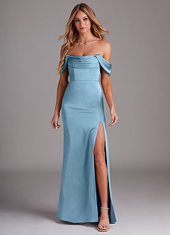 Azazie Saige Jurken voor bruidsmeisjes Jurk van Stretch Satijn met Kolom Off the Shoulder Staal Blauw image3
