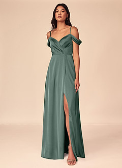 Azazie Ocean Brautjungfernkleider A-Linie V-Hals Gefaltet Stretch-Satin Kleid Seemoos image1