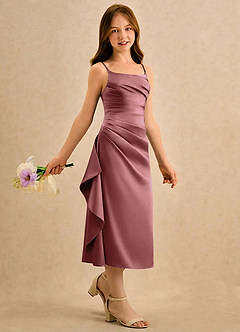 Azazie Canna Girls Formal Blomsterpigekjoler A-Line Plisseret Stræk satin Te-længde Kjole image3