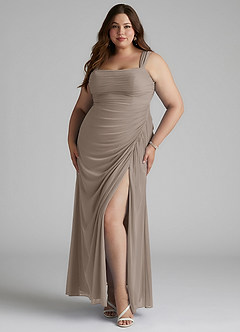 Azazie Jesaphine Brautjungfernkleider Etui Gerafft Gittergewebe Kleid Taupe image6