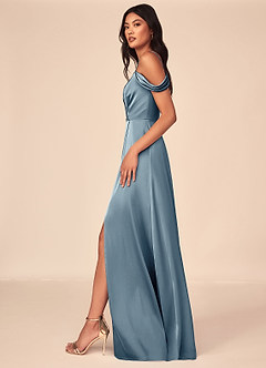 Azazie Ocean Bridesmaid Dresses Dusty Blue A-Line V-Neck Pleated Stretch Satin Dress image10