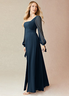 Azazie Leonia Robes de demoiselle d'honneur Robe Trapèze en Mousseline de soie Manches longues Bleu Marine Foncé image8
