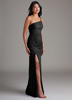 Azazie Eren Bridesmaid Dresses Black Sheath One Shoulder Floral Burnout Dress image3