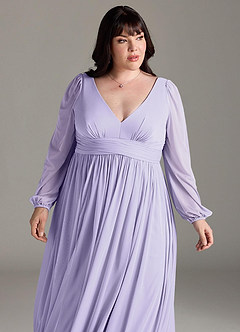 Azazie Norah Bridesmaid Dresses Lilac A-Line V-Neck Long Sleeve Chiffon Dress image12
