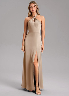 Azazie Tracie Bridesmaid Dresses Taupe A-Line Side Slit Stretch Satin Dress image5