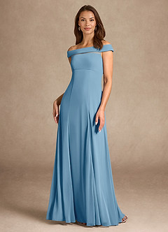 Azazie Ewa Mother of the Bride Dresses Steel Blue A-Line Off the Shoulder Mesh Dress image1