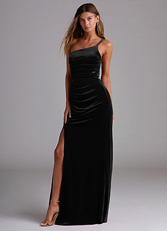 Azazie Eren Bridesmaid Dresses Black Sheath One Shoulder Velvet Dress image1