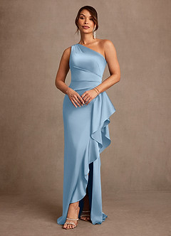 Azazie Yvette Mother of the Bride Dresses Powder Blue Sheath One Shoulder Stretch Satin Dress image1