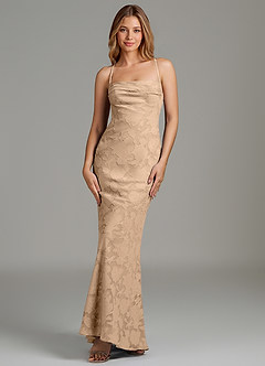 Azazie Ola Bridesmaid Dresses Champagne Mermaid Corset Floral Burnout Dress image4