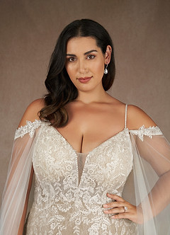 Azazie Leonie Wedding Dresses Diamond White Nude Mermaid V-Neck Sequins Tulle Dress image22