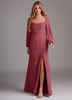 Azazie Charissa Bridesmaid Dresses Merlot Sheath Long Sleeve Chiffon Dress image3