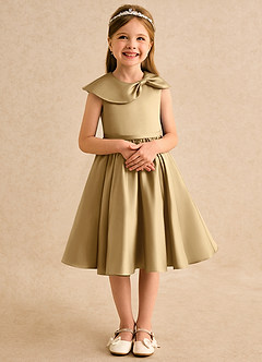 Azazie Acorn Flower Girl Dresses Gold A-Line Pleated Matte Satin Dress image5